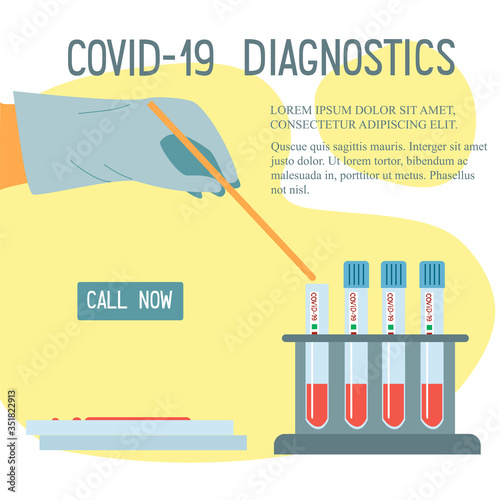 Laboratory blood analysis for research. Vector Flat Illustration for Design landing page, website, poster, banner. Hand holds  pipette over test tube of biomaterial to study on between the glasses.