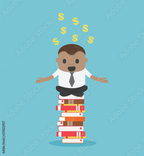 Concept cartoon illustration African Businessman who is mindful by sitting on a pile of books, he succeeds in reading and can make money for him