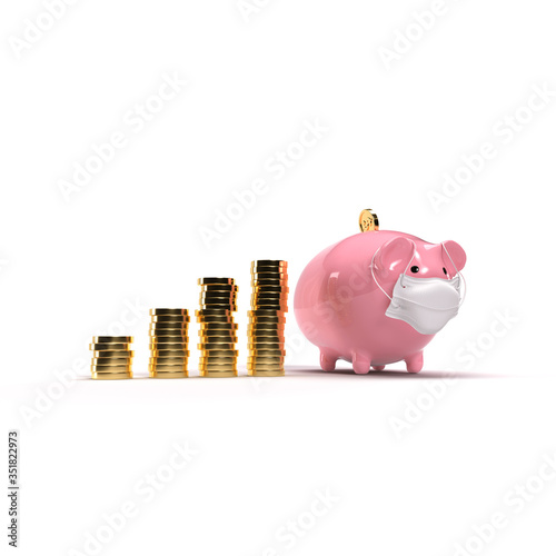 3d illustration of a masked piggybank next to a growth stack of coins on white isolated background low 3-4th front view (ID: 351822973)
