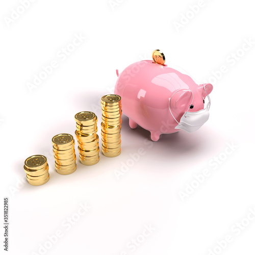 3d illustration of a masked piggybank next to a growth stack of coins on white isolated background top 3-4th view (ID: 351822985)