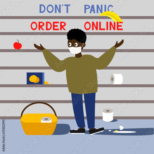 Black man in  mask with a  cart sees empty shelves in the store and spoiled products and goods. Person buy toilet paper in flat style. Service concept. Vector illustration for banner, poster, lending.