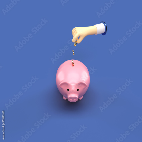 3d illustration of a hand dropping coin in a piggybank on blue isolated background front top view (ID: 351823103)