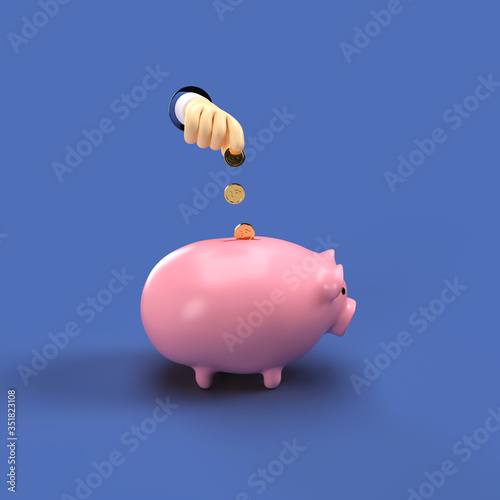 3d illustration of a hand dropping coin in a piggybank on blue isolated background side view (ID: 351823108)