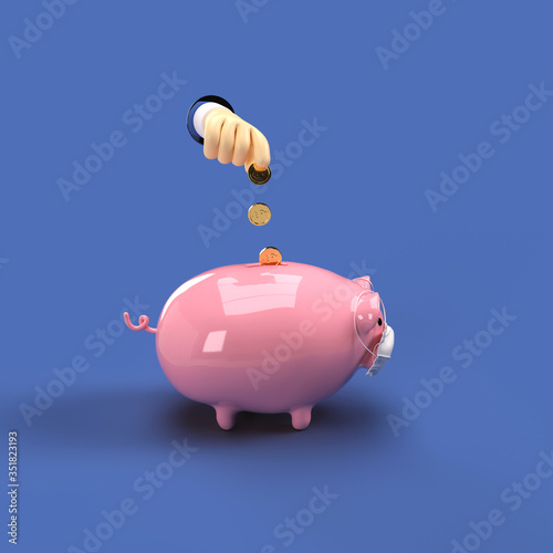 3d illustration of a hand dropping coin in a masked piggybank on blue isolated background side view (ID: 351823193)