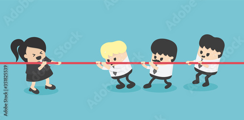 businesswoman and businessman tug of war rivalry concept, one to three