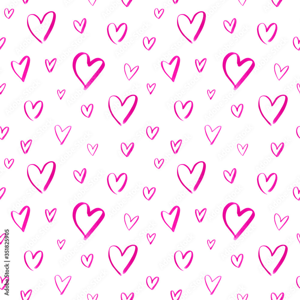 Hand-drawn pink hearts seamless pattern. Doodle style elements isolated on white background. Perfect background for wallpapers, textiles, prints, wrapping paper or scrapbook.