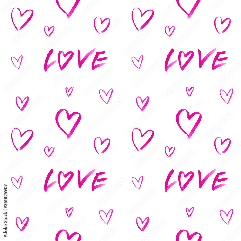 Hand-drawn seamless pattern with love lettering and hearts. Pink doodle style elements isolated on white background. Perfect pattern for postcard, banner, invitation, poster, scrapbook or print.