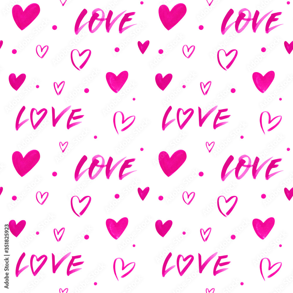 Seamless hand-drawn pattern with romantic love lettering and pink hearts. Isolated on white background. Doodle style elements. Background for wallpaper, textile, print, gift wrap or scrapbook.