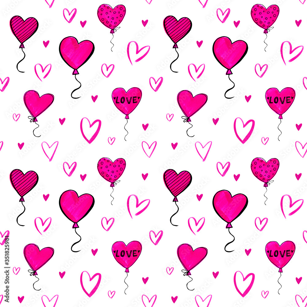 Seamless hand-drawn pattern with doodle hearts and heart-shaped balloons. Isolated on white background. Modern background for wallpapers, textile, prints, gift wrap or scrapbook.