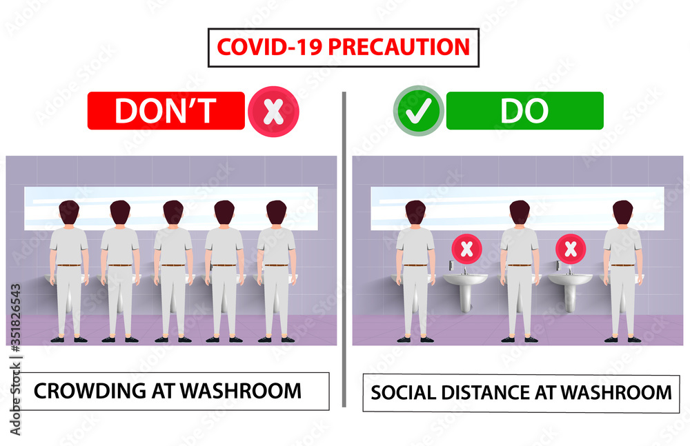 Do and don't poster for covid 19 corona virus.Washroom signage for covid 19. Maintain social distancing during hand wash at wash basin. Awarness of how to use wash basin at common toilet. Do and don't poster for covid 19 corona virus.Washroom signage for covid 19. Maintain social distancing during hand wash at wash basin. Awarness of how to use wash basin at common toilet.