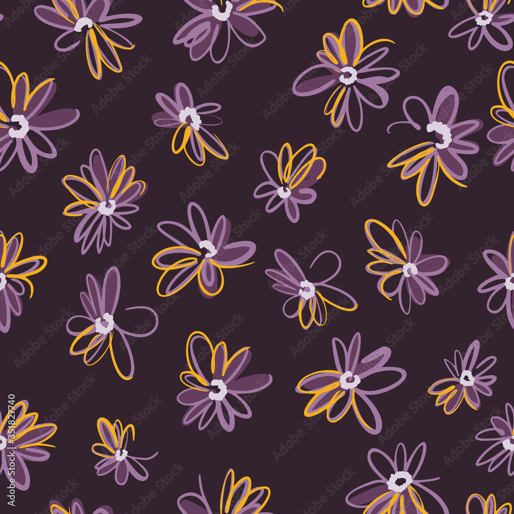 Bright spring nature background. Ditsy seamless pattern made of artistic daisy flowers. Scattered daisies in simple minimalist style. Felt tip pen. Sketch design, outline drawing. Bright spring nature background. Ditsy seamless pattern made of artistic daisy flowers. Scattered daisies in simple minimalist style. Felt tip pen. Sketch design, outline drawing.