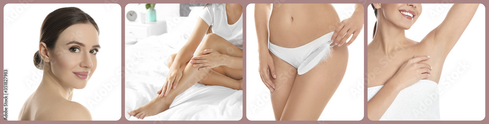Collage with photos of woman showing smooth skin after epilation. Banner design