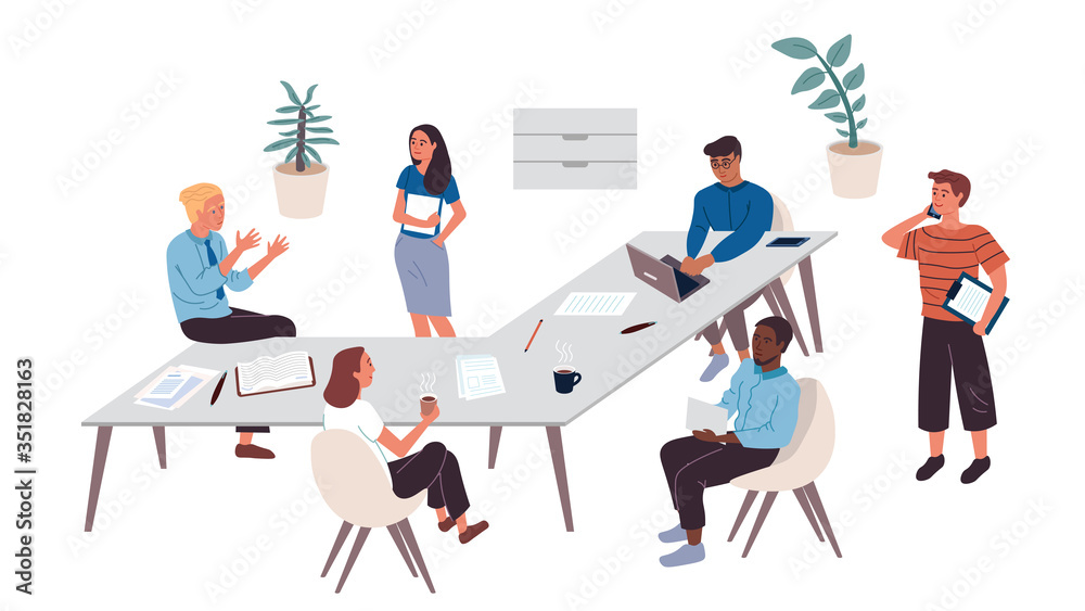 Collection of business people working in office. Workers solve problems. They drink coffee, discuss complex issues, talk on the phone with partners. Different races and nationalities. Flat. Cartoon