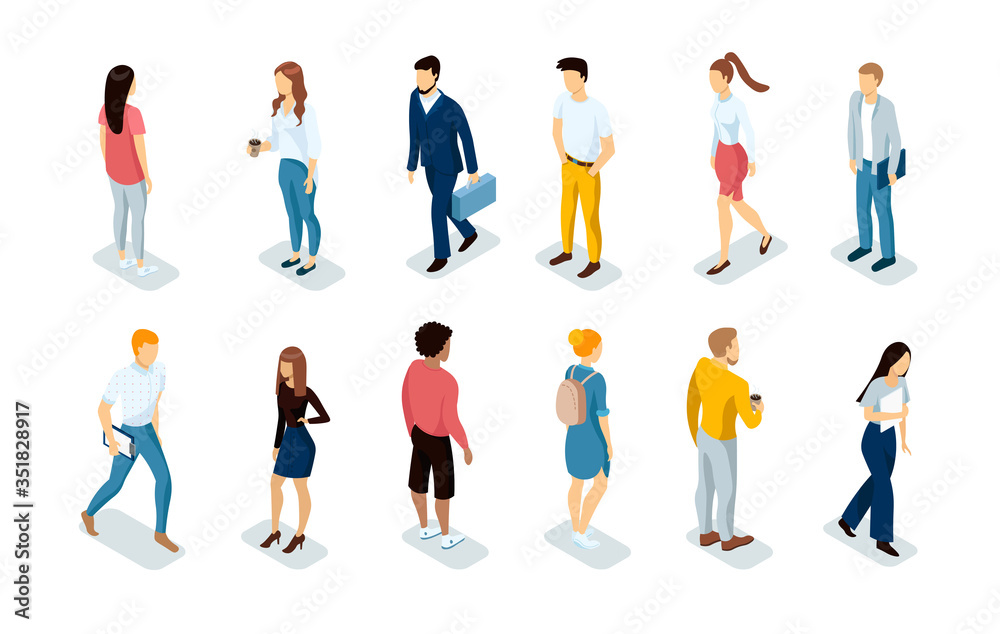Collection of business people working in office. Colleagues at work. Different positions. Boss, employees, customers, of different nationalities and genders. Isolated on white background 3d isometric