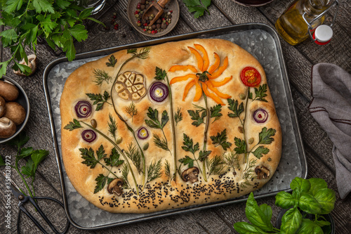 Floral painting focaccia,  garden flatbread art, food trend