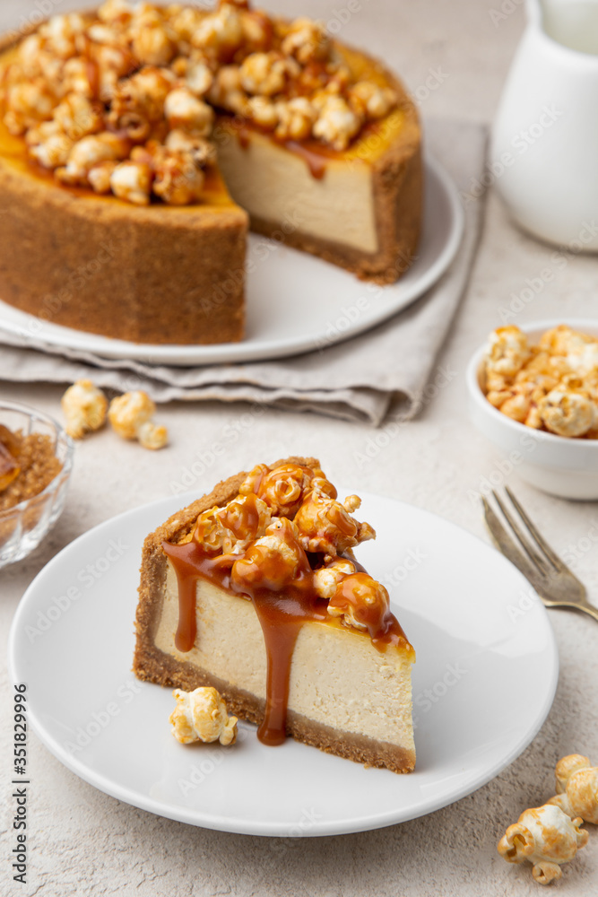 slice of caramel cheesecake on white plate