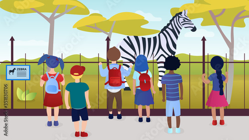 Group of diversey kids at a zoo excursion School children or kindergarten. Kids look at the zebra. Zoology for little ones Children's education Acquaintance with fauna Flat Cartoon Vecotr Illustration photo