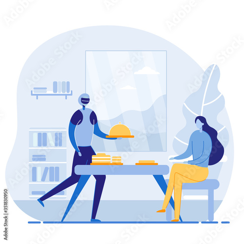 The robot prepares food in the kitchen. And brings a ready meal to a woman. Android future assistant housewife in the kitchen. Flat cartoon Vector Illustration. Can be banner or sticker.