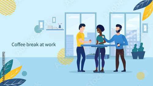 Business people characters having coffee break time lunch. Office life concept. Colleagues taking a break in the office. Office work. Flat Vector Illustration