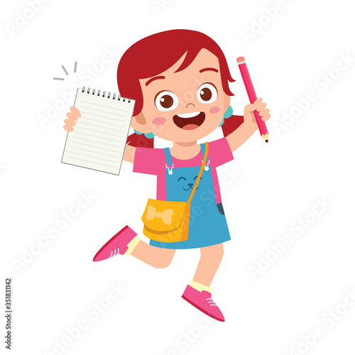 happy cute student kid girl with book and pencil
