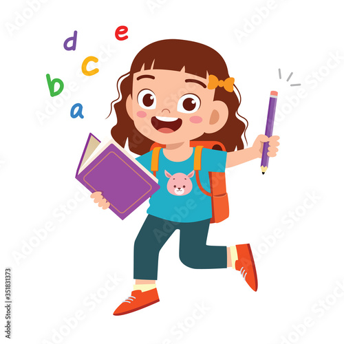 happy cute student kid girl with book and pencil