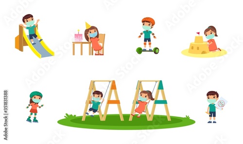 Little girl and boy with face mask plays in the playground. Concept of summer entertainment with respiratory diseases, allergies.Child plays different summer games. Cartoon character, illustration set