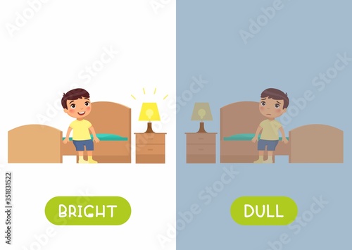 Educational english word card with antonyms vector template. Childish cards for language learning concept. Opposites, dull and bright words. Cute boy sitting on bed flat illustration with typography