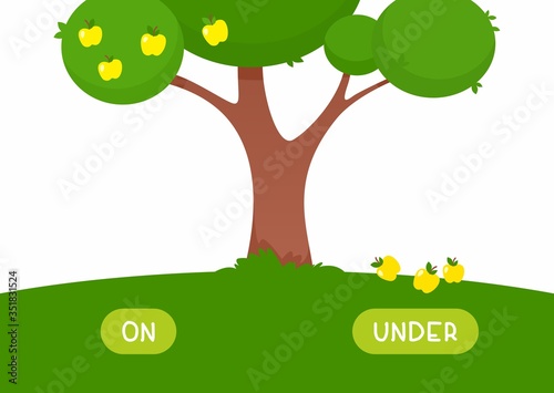 English learning memo card with antonyms flat vector template. Kids educational flashcards concept, memo card design with prepositions. Opposites, on and under words. Cartoon apple tree illustration