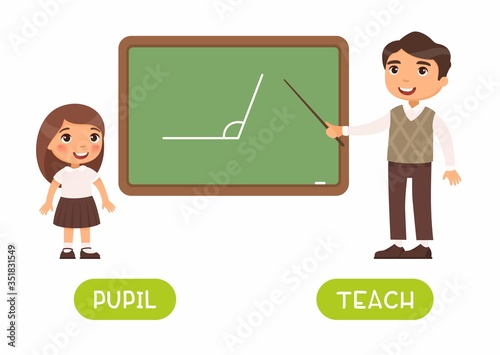 Pupil and teacher antonyms flashcard vector template. Word card for english language learning with flat characters. Opposites concept. Teaching and learning illustration with typography