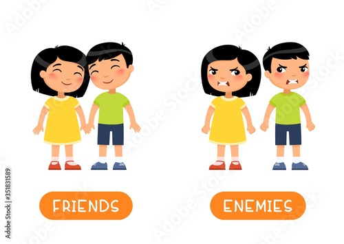 Friends and enmies antonyms flashcard vector template. Word card for english language learning with flat characters. Opposites concept. Asian girl and boy quarrel illustration with typography
