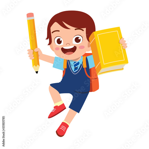 happy cute student kid boy with book and pencil