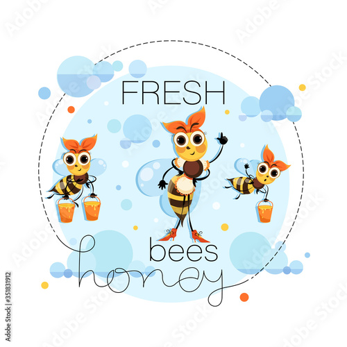 Fresh honey. Proprietress bee. Hostess bee. Vector honey label, emblem design.Swarm bees fly in the clouds. 