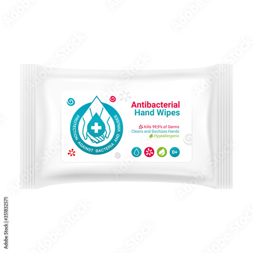 Label design for packaging of antibacterial hand wipes, sticker design for protection products against coronavirus infections and viruses, hand protection emblem against covid-19, mockup vector	