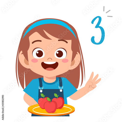 cute little kid study math number count apple