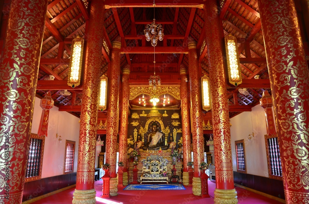 Marvellous prayer hall and shrine at Wat Phra Kaew in Chiang Rai