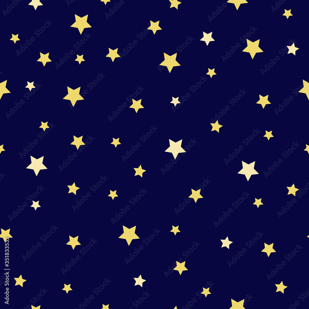 Stars of different sizes: a small star, a large star of light yellow and yellow color on a dark blue background. Seamless pattern. Vector illustration Stars of different sizes: a small star, a large star of light yellow and yellow color on a dark blue background. Seamless pattern. Vector illustration