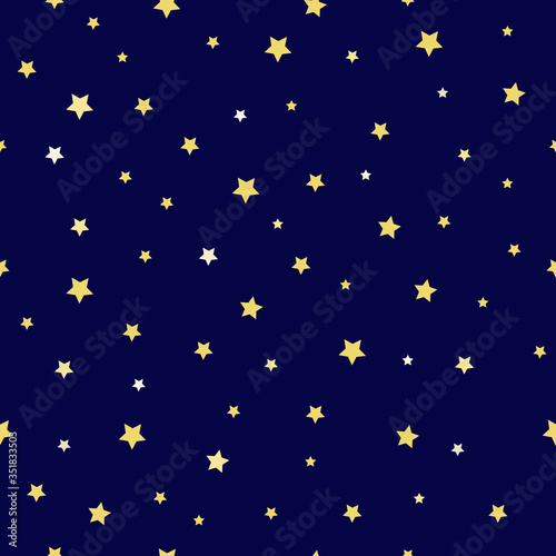 Stars of different sizes: a small star, a large star of light yellow and yellow color on a dark blue background. Seamless pattern. Vector illustration