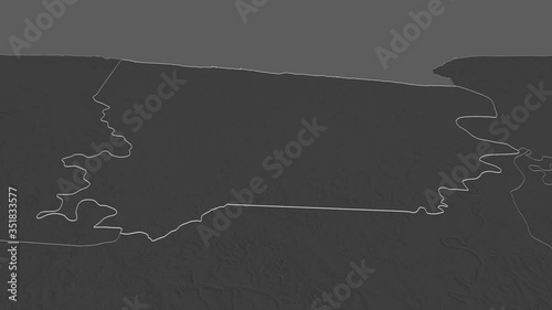 Coronie, district with its capital, zoomed and extruded on the bilevel map of Suriname in the conformal Stereographic projection. Animation 3D photo