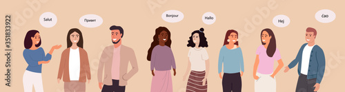 A group of friendly people of different races and cultures says hello in different languages from around the world.Vector illustration