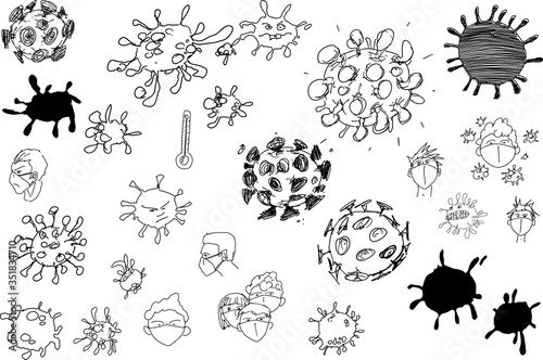 many hand drawn sketches coronavirus and people in face masks