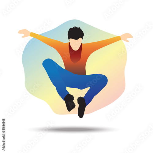 Flat vector illustration of a young businessman jumping towards a goal, jumping over all obstacles