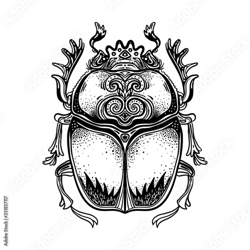 Scarabaeus sacer, Dung beetle. Sacred symbol of in ancient Egypt. Fantasy ornate insects. Isolated vector illustration. Spirituality, occultism, chemistry, occult sun tattoo.