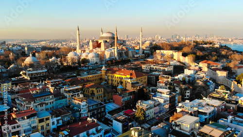 Evening aerial panorama of Istanbul overlooking Hagia Sophia.