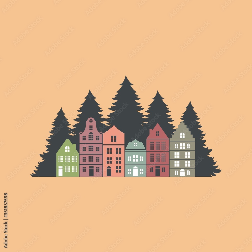 Silhouette of houses on a forest background