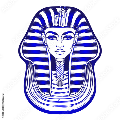 King Tutankhamun mask, ancient Egyptian pharaoh. Hand-drawn vintage vector outline illustration. Tattoo flash, t-shirt or poster design, postcard, coloring book page. Egypt history.