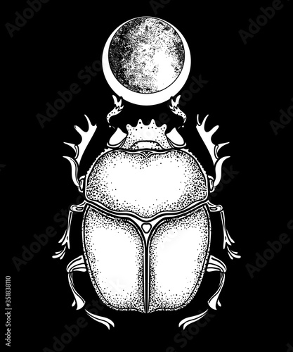 Scarabaeus sacer, Dung beetle. Sacred symbol of in ancient Egypt. Fantasy ornate insects. Isolated vector illustration. Spirituality, occultism, chemistry, occult sun tattoo.
