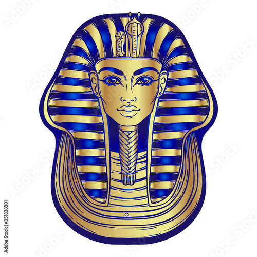 King Tutankhamun mask, ancient Egyptian pharaoh. Hand-drawn vintage vector outline illustration. Tattoo flash, t-shirt or poster design, postcard, coloring book page. Egypt history.
