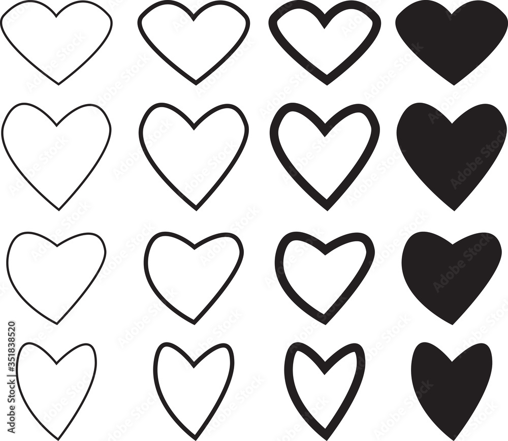 Set icon heart of different shapes in black. Flat infographics. Vector illustration.