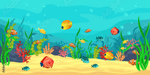 Vector illustration with coral reef  fish and seaweed on a background of blue sea. The concept of underwater marine life. Panoramic underwater world.