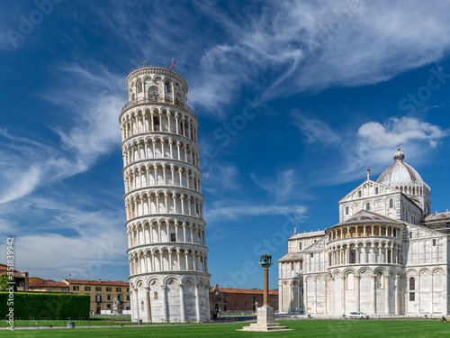 The famous Piazza dei Miracoli square and the leaning tower  in the historic center of Pisa  Italy  completely deserted due to the Covid-19 coronavirus pandemic